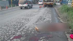 2014年9月陳女死亡車禍現場，地上有明顥拖痕，屍體遭司機搬動。翻攝畫面