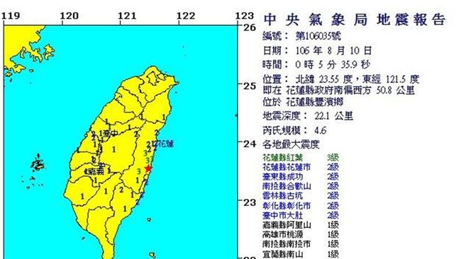 花蓮規模4.6地震　最大震度3級