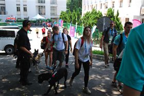 世大運外籍教練團進入場館時，忍不住停下腳步摸摸模樣討喜的防爆犬。（圖／翻攝畫面）