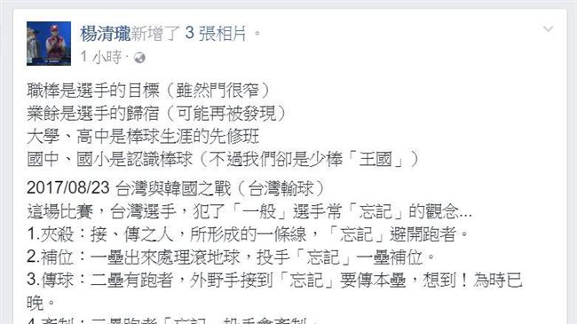 名球評楊清瓏　批中華隊太多「忘記」
