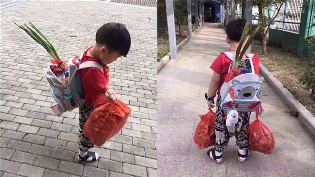 小男孩開學背大蔥　背後故事讓人動容