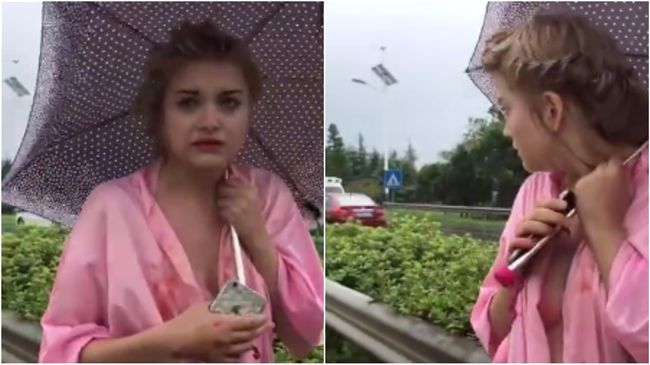 跑車遭撞毀　洋妞穿浴袍下車微露側乳