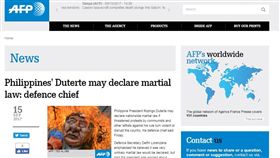 16:9
外電報「菲律賓恐戒嚴」　菲總統府點名怒嗆：騙點閱率賤招
圖／翻攝自法新社
https://www.afp.com/en/news/205/philippines-duterte-may-declare-martial-law-defence-chief