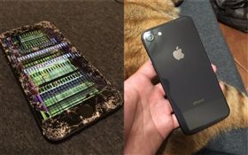 有網友PO出iPhone 8摔機的照片，螢幕碎裂的模樣慘不忍睹。（圖擷取自PTT）