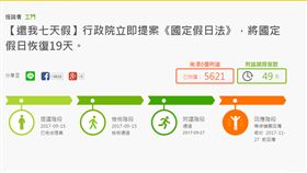 「還我7天假，立即提案《國定假日法》，修訂至少19天國定假日。」連署
https://join.gov.tw/idea/detail/a566851f-55a0-4e7a-ac81-8968845bf867