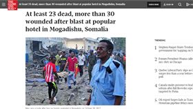 索馬利亞首都摩加迪休遭汽車炸彈攻擊（https://beta.theglobeandmail.com/news/world/at-least-19-dead-after-blast-at-popular-hotel-in-mogadishu-somalia/article36759436/?ref=http://www.theglobeandmail.com&cmpid=rss1&utm_）