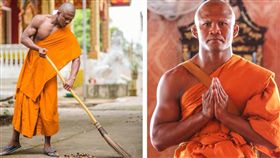 泰國有一名擁有結實肌肉的壯漢男僧，他拿著掃把清掃落葉的照片，日前在美國社交網站爆紅，讓不少人聯想起金庸小說曾提及的「掃地僧」，但有眼尖網友發現，這名男僧身分不凡，竟是泰國拳王播求（Buakaw Banchamek）！（圖／翻攝自播求臉書）