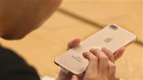 果粉端詳金色iPhone 8 PlusApple台北101直營店22日開賣iPhone 8系列新機，一名日前在網路上預約的消費者到場領貨後，仔細檢查熱騰騰的金色iPhone 8 Plus。中央社記者徐肇昌攝  106年9月22日