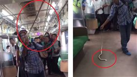 印尼有乘客搭往雅加達火車時，驚見一條蛇在行李架上蠢蠢欲動，站務人員得知後立刻拿出警棍驅趕，但仍沒有結果，這時有一名英勇的乘客徒手抓蛇，在迅速將蛇頭往地板狠甩，才結束這場火車驚魂記。（圖／翻攝自《jktinfo》Instagram）