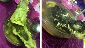 太豐盛了！有網友日前參加喜宴看到一道激似「恐龍」的菜色，尖牙動物熬煮在湯頭中，讓其他網友看後紛紛直呼，「好恐怖！嚇到要吃手手了。」（圖／翻攝自爆廢公社）