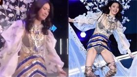 奚夢瑤跌倒後一路哭回後台。（合成圖／翻攝自微博、秒拍）