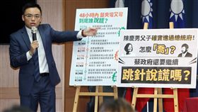 國民黨質疑總統府跳針說謊國民黨16日在中央黨部舉辦「陳慶男父子確實進總統府！怎麼「喬」？蔡政府還要繼續跳針說謊嗎？」記者會，文傳會副主委洪孟楷（圖）表列總統府說法反覆、要求總統府說清楚講明白。中央社記者鄭傑文攝　106年11月16日