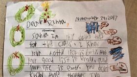 美國一名6歲男童在寫給耶誕老人的信中，不僅說耶誕老人生活空虛，還說耶誕老人根本不知道自己是頑皮還是乖巧。（圖取自Sarah McCammon推特twitter.com/sarahmccammon）