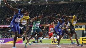 ▲美國好手Justin Gatlin（左一）、美國Christian Coleman（右二）和牙買加名將Usain Bolt（右一）。（圖／美聯社／達志影像）