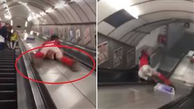 英國一名22歲男子安德魯斯（Freddie Andrews）因酒喝後太興奮，一時興起爬到地鐵手扶梯上「溜滑梯」下樓，不料他的下體就直接撞上手扶梯中間的凸起物，最後還慘遭噴飛。不少網友看到後，紛紛笑噴表示「有股蛋蛋的哀傷」。（圖／翻攝自YouTube《Freddie Andrews》）