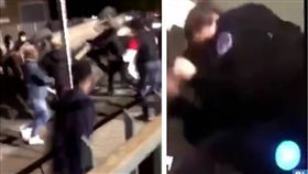 法國巴黎東南部郊區在跨年夜舉辦新年派對，不料發生民眾圍毆鬧事，有一名女警遭受攻擊，被逼得縮在地上雙手抱頭，另一名警察隊長的鼻子則被打斷。對此，法國總統馬克宏（Emmanuel Macron）大怒，承諾會全力將罪犯繩之以法。（圖／翻攝自太陽報）