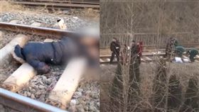大陸一名女子兩度臥軌輕生，被輾斷雙腿後在鐵軌上不斷掙扎，醉猴仍不治。（圖／翻攝梨視頻）