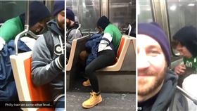 在電車上演活春空！有一對情侶搭電車時，女方彎著腰低著頭幫男方口愛，男方則不斷愛撫女方下體，沒想到此舉被其他乘客看見，有3名乘客立刻拿出手機錄影，紀錄這對情侶360度的口愛影片。（圖／翻攝自推特）