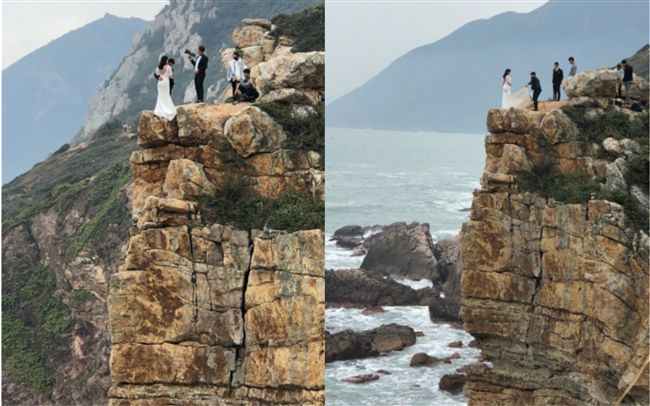 新人拍婚紗爬上懸崖　差一步就墜海