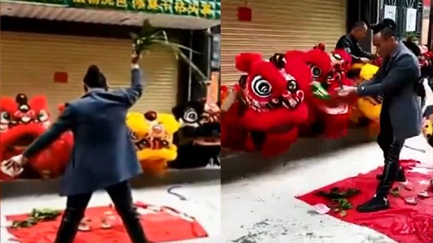 為開幕表演　陸男腳踏國旗舞獅遭拘留