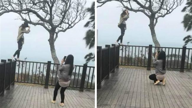 女踩觀景台圍欄拍照　網友狂批沒水準