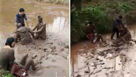 大陸四川有車主會車時互不相讓，打架打到水田裡，全身裹著爛泥巴如同「兵馬俑」，就連好心勸架的民眾也沾得一身泥。當地民警表示，車主們在春節假期期間，因為交通問題才會引發糾紛。（圖／翻攝自微博）