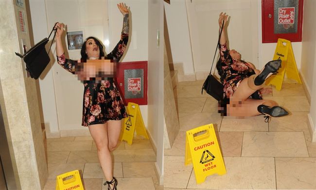 地板溼滑糗跌倒…她36FF巨乳彈出
