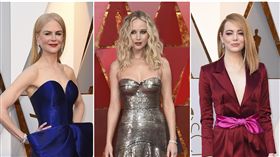 奧斯卡紅毯，艾瑪史東，妮可基嫚，珍妮佛勞倫斯。(合成圖/美聯社)
