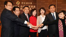 民進黨台南市長初選電視政見會登場民進黨2018年台南市長初選電視政見發表會26日下午在民視登場，前台南市副市長顏純左（左起）、立委黃偉哲、前民進黨副秘書長李俊毅、立委葉宜津、陳亭妃、王定宇等6位參選人全員到齊，齊聲高喊「團結」、「民進黨加油」。中央社記者施宗暉攝　107年2月26日