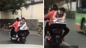大陸廣西南寧市一名女學生坐在機車後座，背對駕駛在機車置物箱上寫作業，她一手拿著筆，一手壓著書本，熟練的動作似乎不是第一次這樣「讀書」。其他網友看到後，紛紛直呼太狂了，也提醒該女學生「安全第一」。（圖／翻攝自微博）