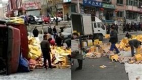 大陸,遼寧,本西,貨車,素質,側翻,飲料,司機,幫忙,裝箱,堆疊,車禍　圖／翻攝自微博