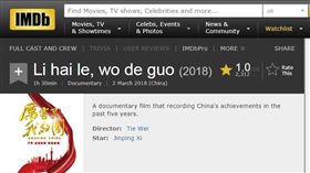 《厲害了我的國》票房破15億　老外看攏謀IMDb僅1分
圖／翻攝自IMDb
http://www.imdb.com/title/tt8081062/ratings?ref_=tt_ov_rt