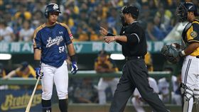 中職象猿戰　兩軍場中對峙（2）中華職棒中信兄弟隊與Lamigo桃猿隊1日在台中洲際棒球場交手，7局上中信兄弟投手陳琥對桃猿廖健富（左）投出觸身球，引發兩隊板凳清空，所幸未引發更大風波。中央社記者張新偉攝　107年4月1日