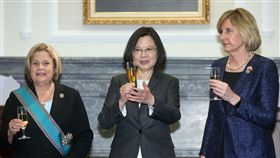 總統贈勳羅斯蕾緹能  舉杯道賀（1）總統蔡英文（中）2日在總統府，頒授美國聯邦眾議院外交委員會榮譽主席羅斯蕾緹能（Ileana Ros-Lehtinen）（左）「特種大綬卿雲勳章」，並舉杯道賀。中央社記者鄭傑文攝　107年4月2日