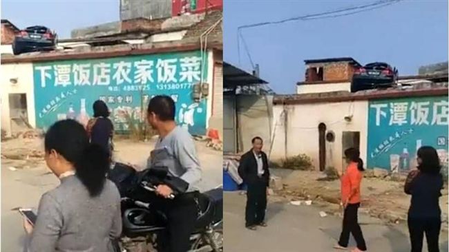 怎麼開的？轎車失控撞牆「飛」上屋頂