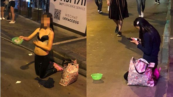 女穿胸罩跪地乞討　邊聽音樂研究紅酒
