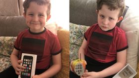 老爸送一支「蘋果手機」，兒子燦笑秒變臭臉。（圖／翻攝Daily Mail）