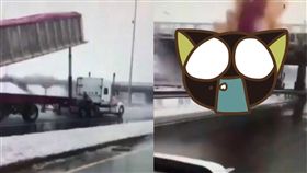 卡車,貨櫃,司機,加拿大,Montreal,天橋,油壓裝置,車斗,高速公路,車禍　圖／翻攝自YouTube https://goo.gl/8mXNHP
