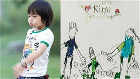 林志穎跟老婆陳若儀，8歲的兒子Kimi，2歲雙胞胎兒子Jenson及Kyson，Kimi6歲畫全家福。（合成圖／翻攝自微博）