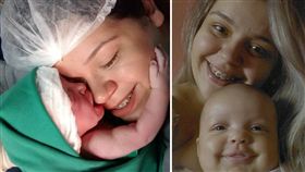 巴西一名24歲媽媽布蘭達，3個月前生下一位萌娃，特別的是，小嬰兒竟主動伸手抱住媽媽的臉，讓布蘭達永生難忘。而這位萌娃娶名為阿嘉塔，近日她的萌照曝光，讓不少網友直呼「想生女兒！」（圖／翻攝自Brenda Coêlho臉書）