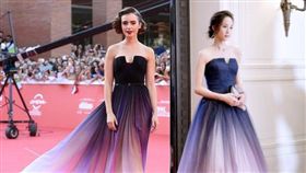 張鈞甯，莉莉柯林斯（Lily Collins），盜版禮服撞正版。(翻攝自微博)