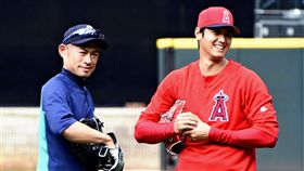 ▲鈴木一朗與大谷翔平相見歡。（圖／美聯社／達志影像）