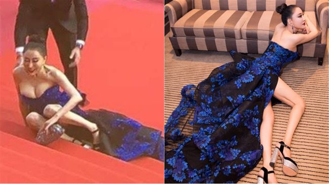 女星紅毯假摔　豪曬碗公奶及私密處