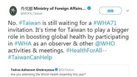 世界衛生組織（WHO）總幹事譚德塞（Tedros Ghebreyesus）在推特上發文邀請全球各國參與大會，台灣外交部轉推文並回覆（圖／翻攝自外交部推特）
https://twitter.com/MOFA_Taiwan/status/996026363877326848
