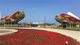 打造農博特色專區  展現桃園農業實力（2）桃園農博特色產業專區共有7個展區，桃園市政府與世紀鋼鐵合作，在「錦鯉園」運用40噸鋼材，打造高達8米的巨大錦鯉綠雕入口意象。中央社記者吳睿騏桃園攝　107年3月31日