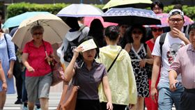 天氣炎熱  民眾遮陽（2）受到太平洋高壓籠罩影響，全台17日仍屬高溫炎熱的天氣，民眾紛紛撐起陽傘，或拿手中物品遮陽。中央社記者張皓安攝  107年5月17日
