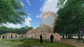 企業響應台中花博　打造全紙材石虎館正隆紙廠響應台中花博，將利用回收瓦楞紙，製成2500根回收紙管，在花博后里森林園區打造一座全紙材建築「森隆活虎館」，呼應2018台中世界花博，人、自然及土地永續共生關係。圖為模擬示意圖。（台中市政府提供）中央社記者蘇木春傳真　107年5月22日