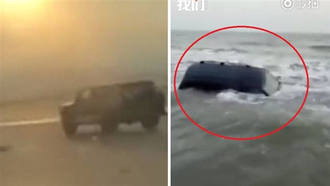 駕駛開越野車狂飆　漲潮車子慘陷海裡