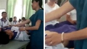 大陸一名國中男學生上課時，被健康老師請到講台前「躺著」當示範，沒想到男學生小頭逐漸母湯「烏龜翹」，但老師似乎沒發覺，依舊專心講解課程。其他網友看到後，紛紛直呼「哇！才小孩就這麼大包」。（圖／翻攝自微博）