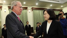 總統接見AIT前理事主席薄瑞光總統蔡英文（前右）7日在總統府接見美國在台協會（AIT）前理事主席薄瑞光（Raymond Burghardt）（前左）等人，雙方握手致意。中央社記者鄭傑文攝　106年12月7日